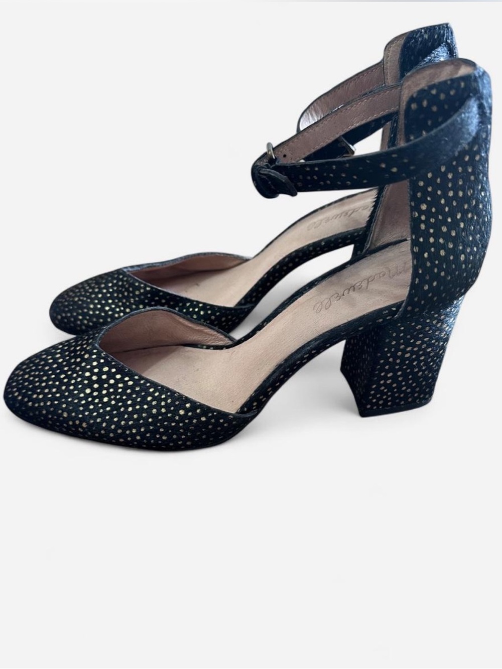 Calf Hair Ankle-Strap Block Heels with Gold Metallic Polka Dots - Size 8.5